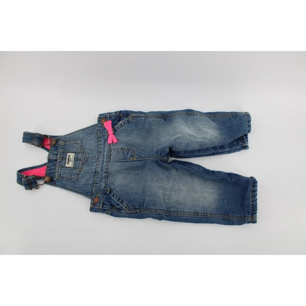 Oshkosh Girls 12 Month Blue Denim Overalls Fleece Lined Pink Bibs